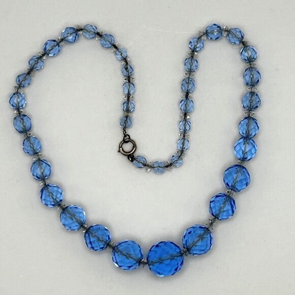 Vintage Czech Faceted Blue Glass Crystal Bead Necklace Graduated 16” - Picture 1 of 16